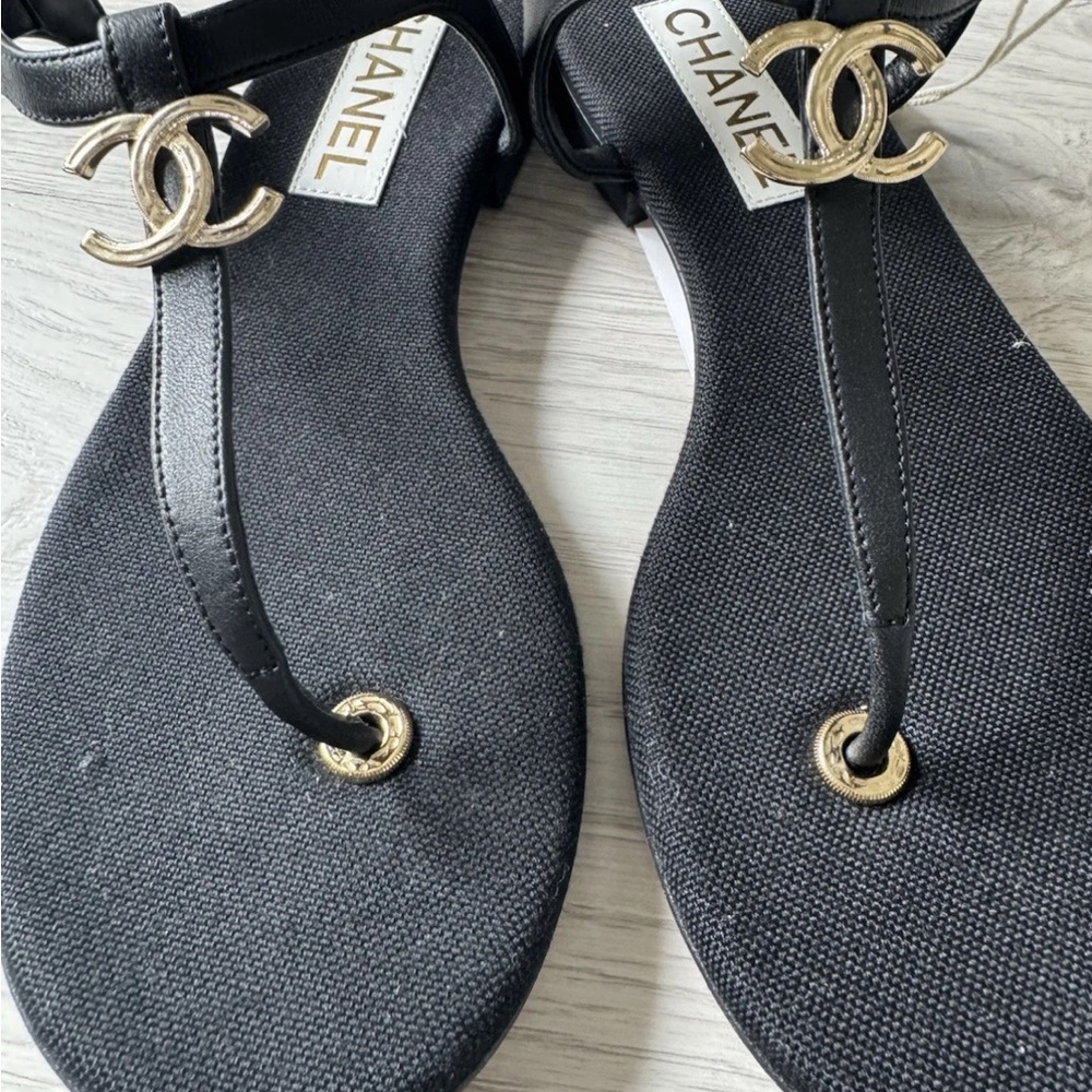 CHANEL Black T-Strap Sandals with Gold CC Hardware - Picture 2 of 7